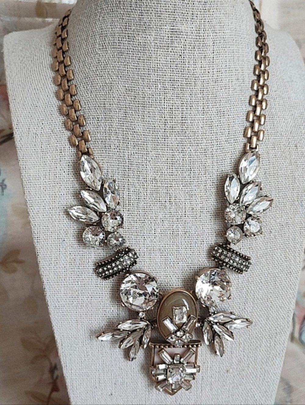 J. Crew Runway Antiqued Brass Tone Hardware Clear Rhinestones Statement Necklace